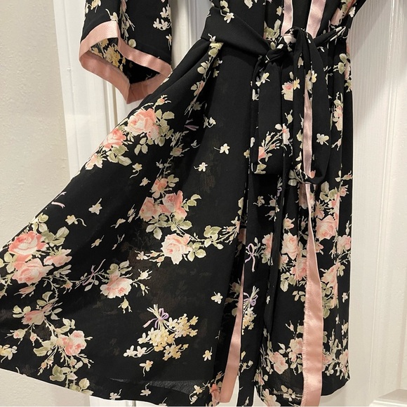 Oscar de la Renta Pink Label Black Floral Kimono Wrap Lace Robe Sleepwear S/M - Picture 6 of 9